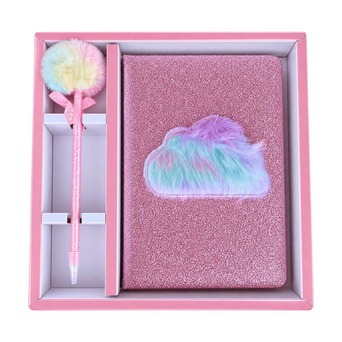 Notebook Gift Set - Pink Glitter & Soft Rainbow Fluffy Cloud - transparent background
