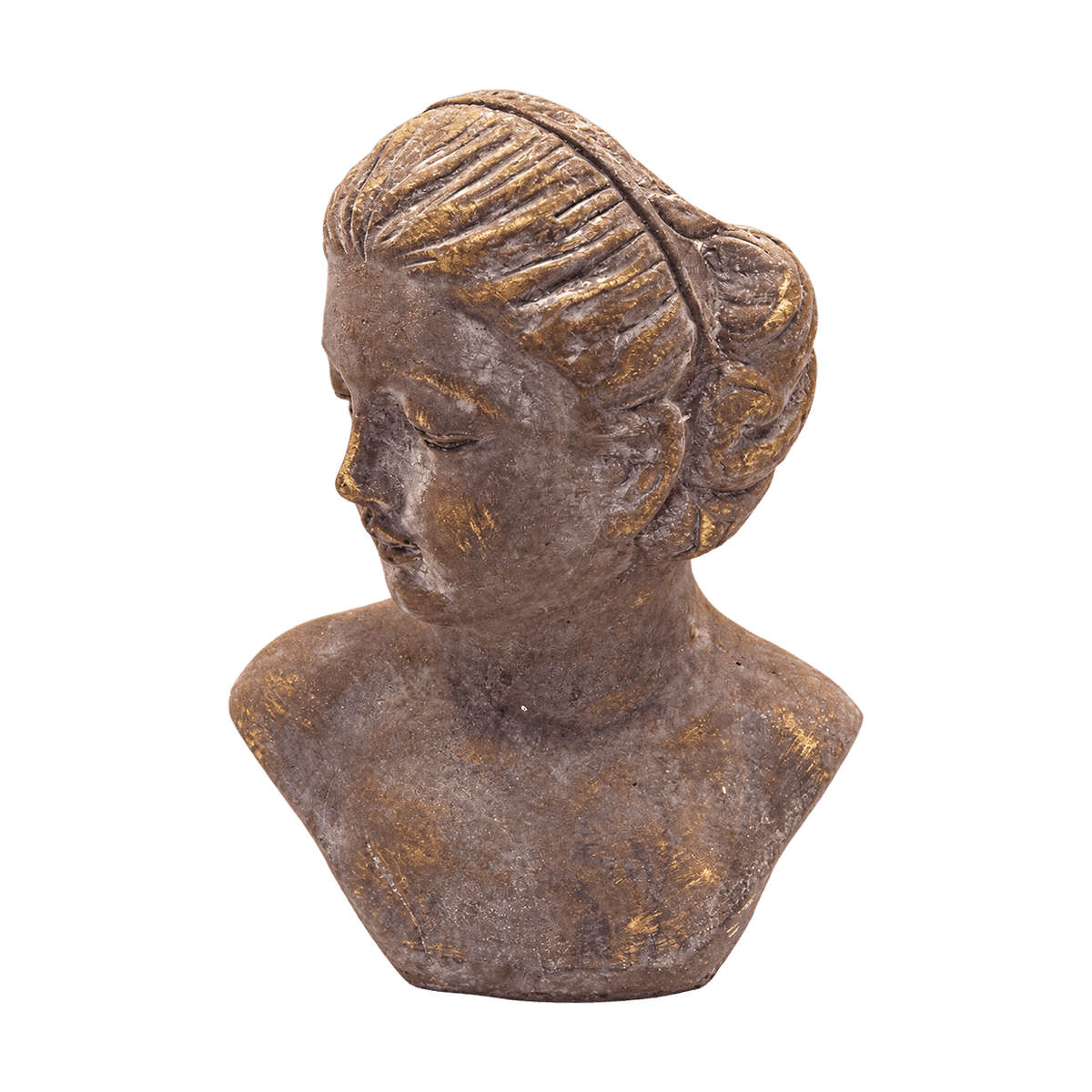 Small Grey Cement & Gold Female Bust Planter - transparent background