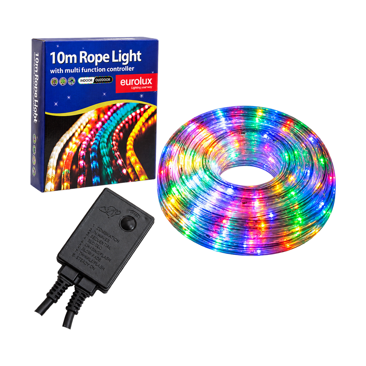 LED Multi-Coloured Rope Light 10m IP44 on transparent background