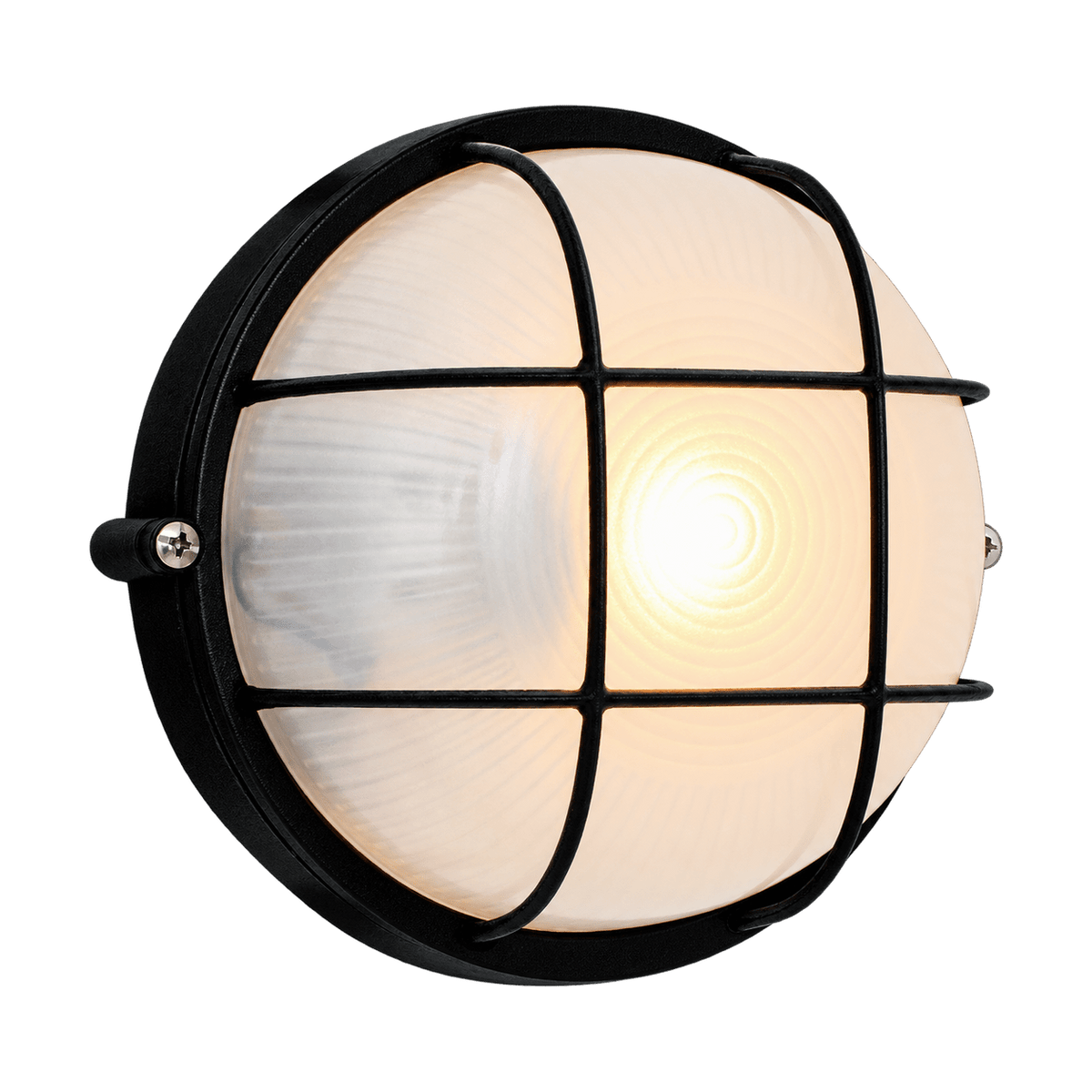 Small Round Bulkhead with Grid – Black E27 IP44 on transparent background