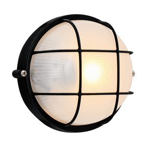 Small Round Bulkhead with Grid – Black E27 IP44 on transparent background
