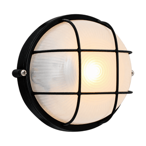 Small Round Bulkhead with Grid – Black E27 IP44 on white background