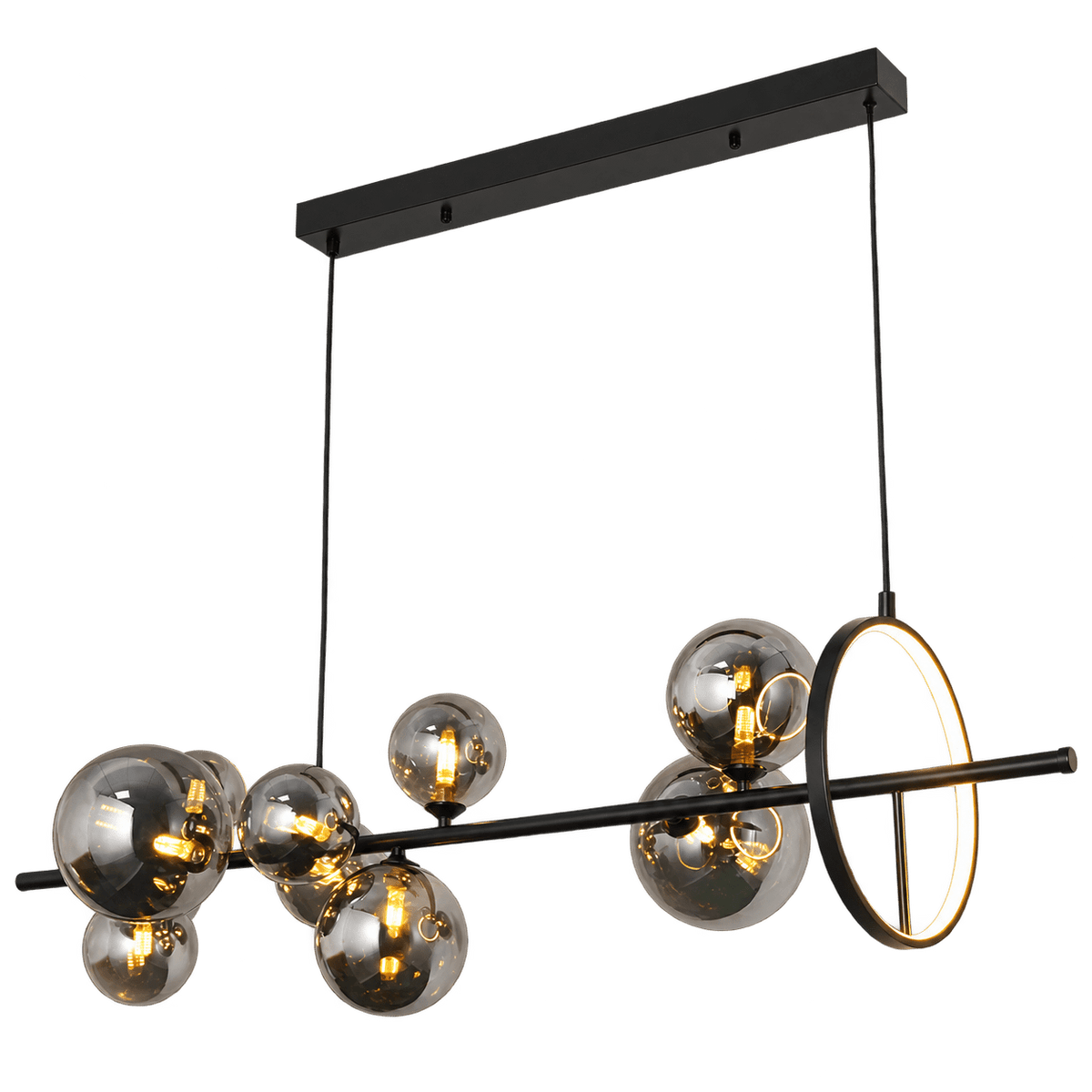 Black and smoke-glass 10-light 3CCT LED pendant — transparent background