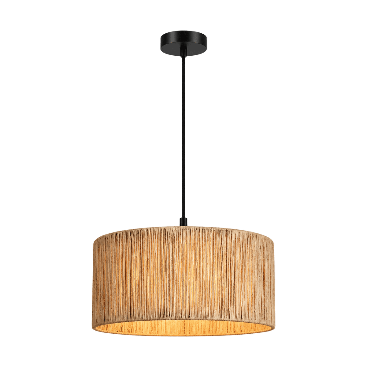 Transparent-background image of a medium raffia pendant light with black cord and canopy