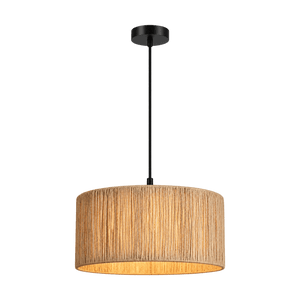 Transparent-background image of a medium raffia pendant light with black cord and canopy