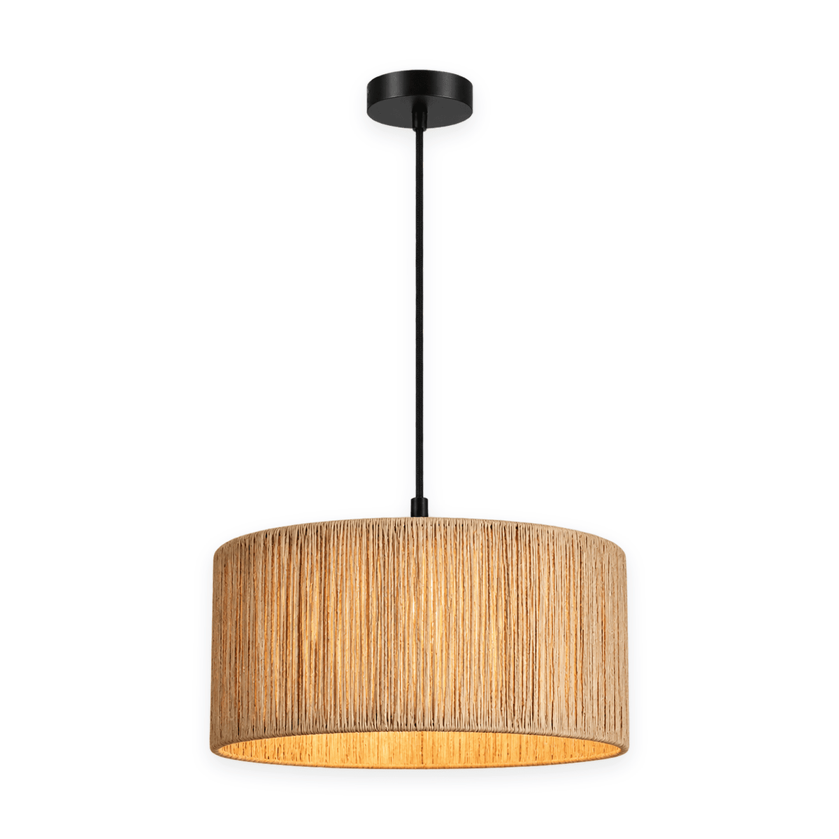 Medium raffia pendant light with black cord and canopy on white background