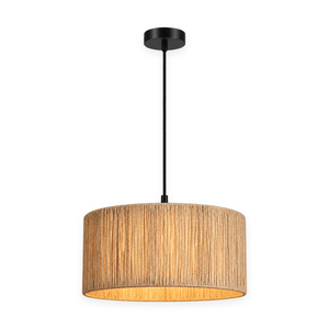 Medium raffia pendant light with black cord and canopy on white background
