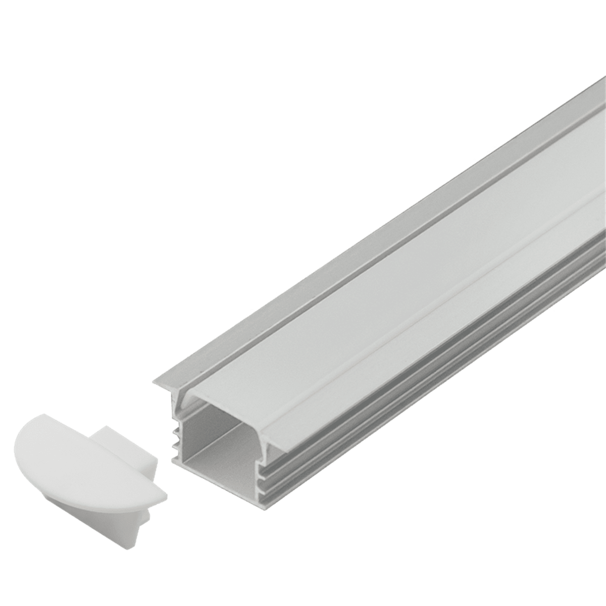 Silver recessed aluminium LED profile with white diffuser and end cap on white background.