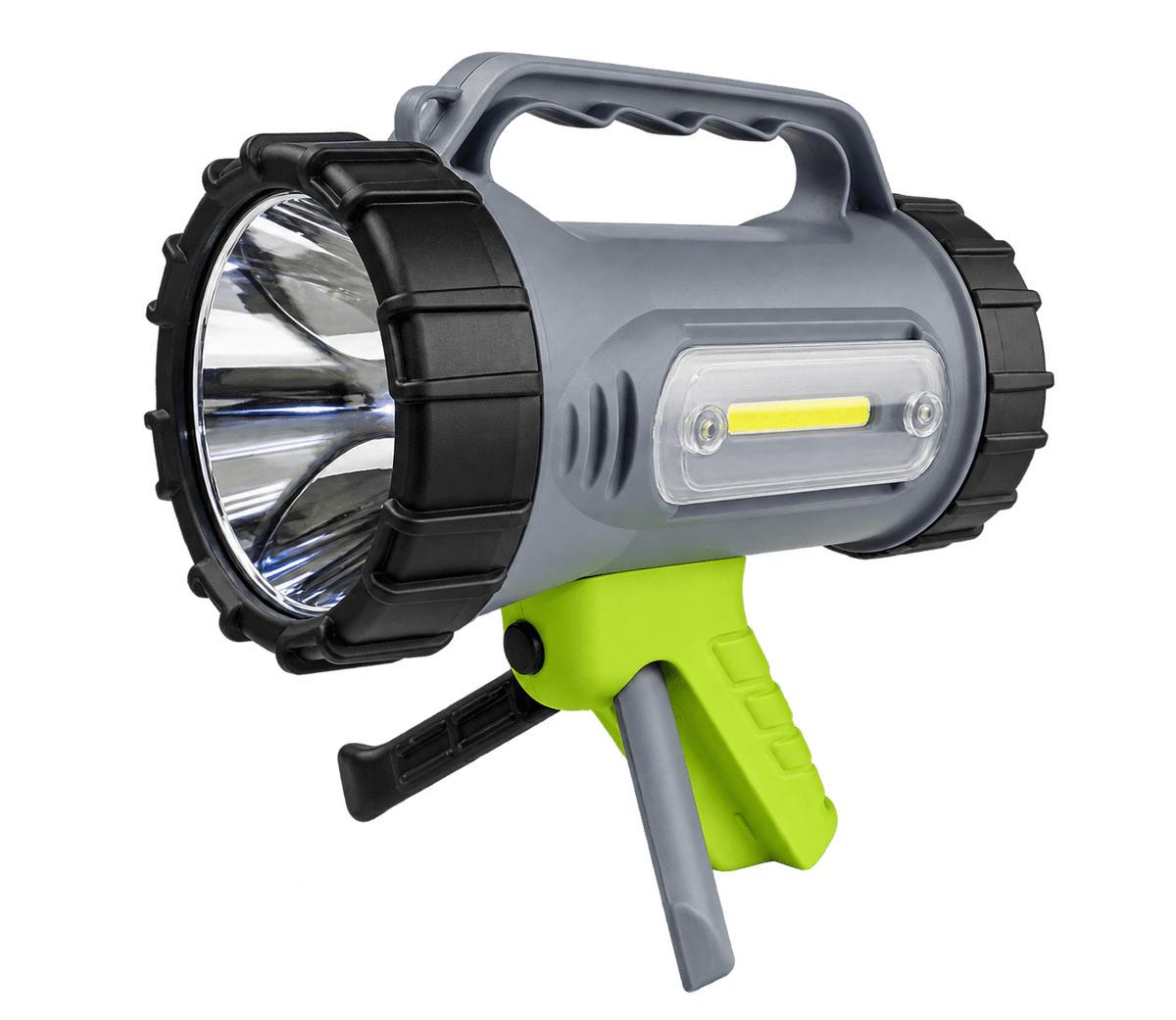 Rechargeable LED torch with side lantern, transparent background