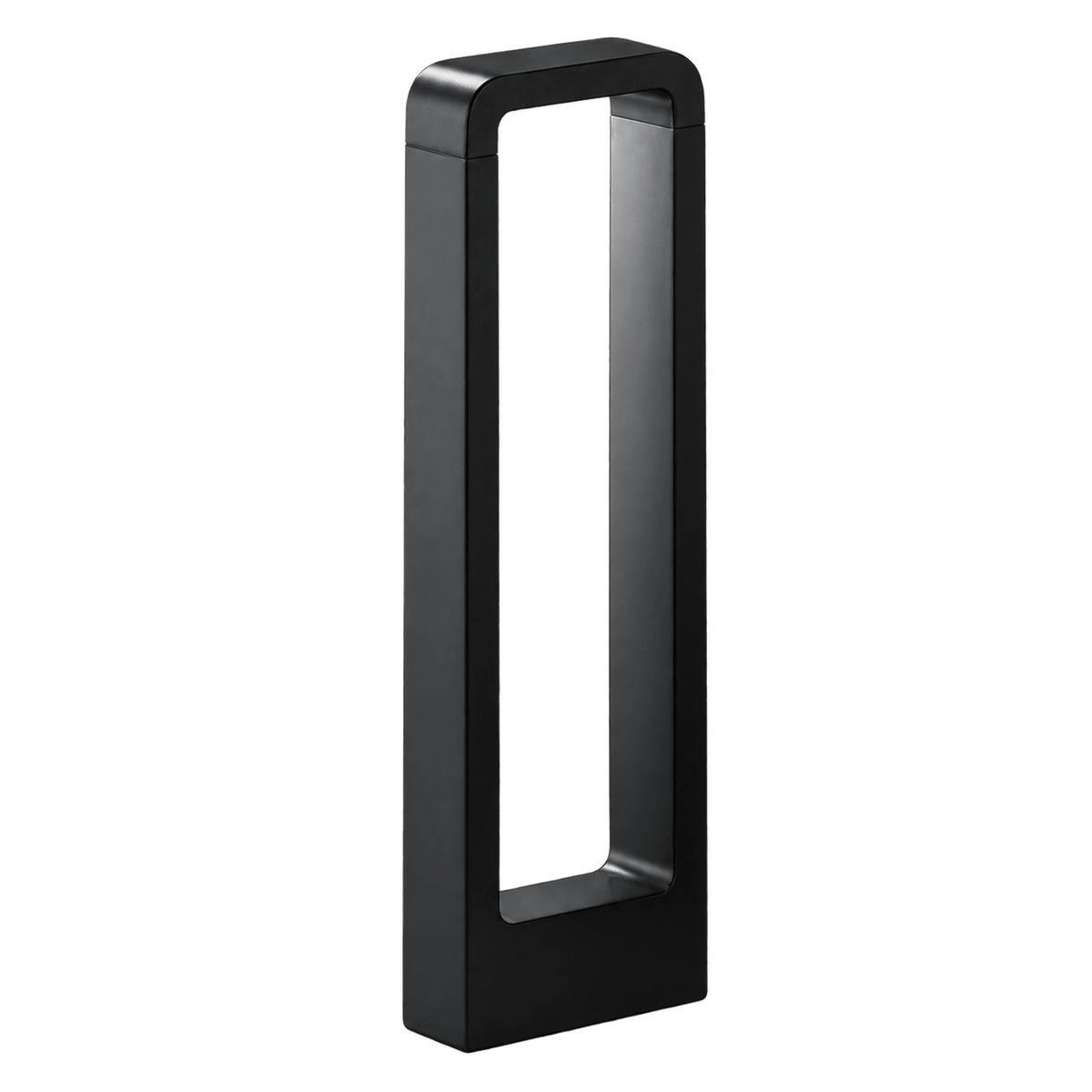 Black rectangular LED bollard with an open center on a transparent background