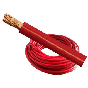 Coiled 35mm red double‑insulated power cable with exposed copper strands, set against a plain green background.