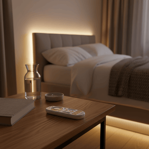A cozy bedroom scene featuring a remote on a wooden bedside table, with soft lighting from the bed's LED strip.