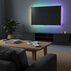 A stylish living room scene featuring a remote on a wooden coffee table, with a TV displaying colorful backlighting.