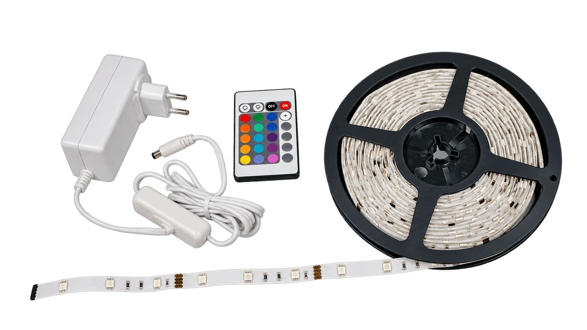 RGBW LED striplight kit components on transparent background