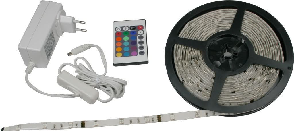 RGBW LED striplight kit components on white background