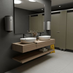 Modern bathroom with wall-mounted hand dryers and wooden vanity with sinks.