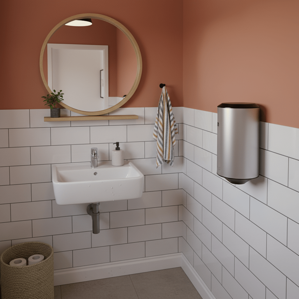 Wall-mounted stainless steel hand dryer in a tiled bathroom with a round mirror and sink.