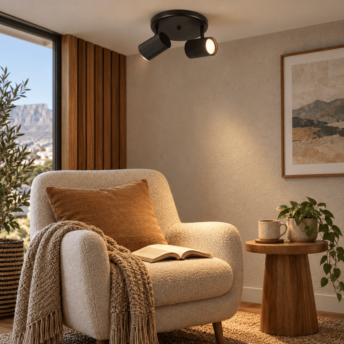 Two head ribbed matt black spotlight above a reading nook