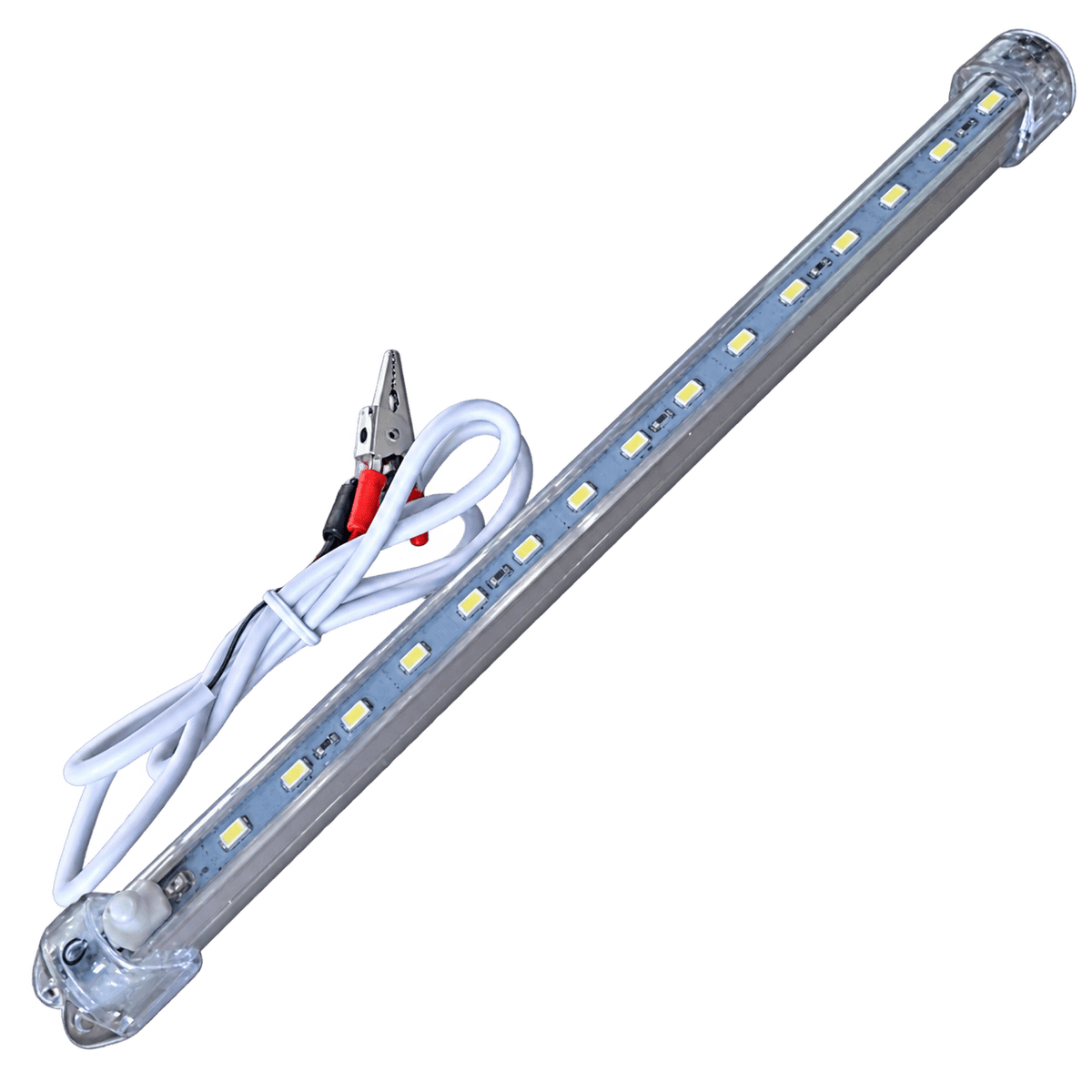 Transparent cutout of rigid 30 cm LED strip in clear casing with leads