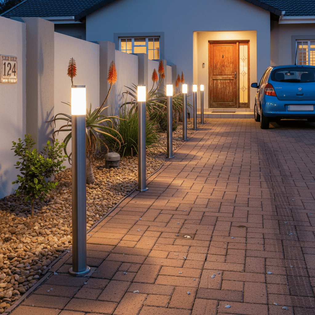 A row of stainless steel bollards illuminating a pathway leading to a front door, surrounded by plants.