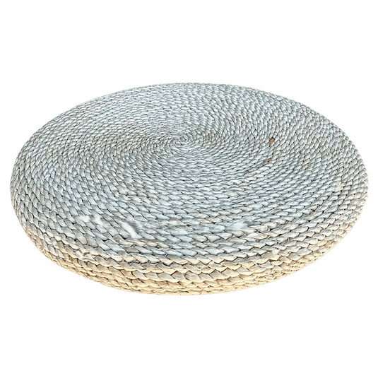 Round woven floor cushion, natural finish, transparent background, 1254 × 1254