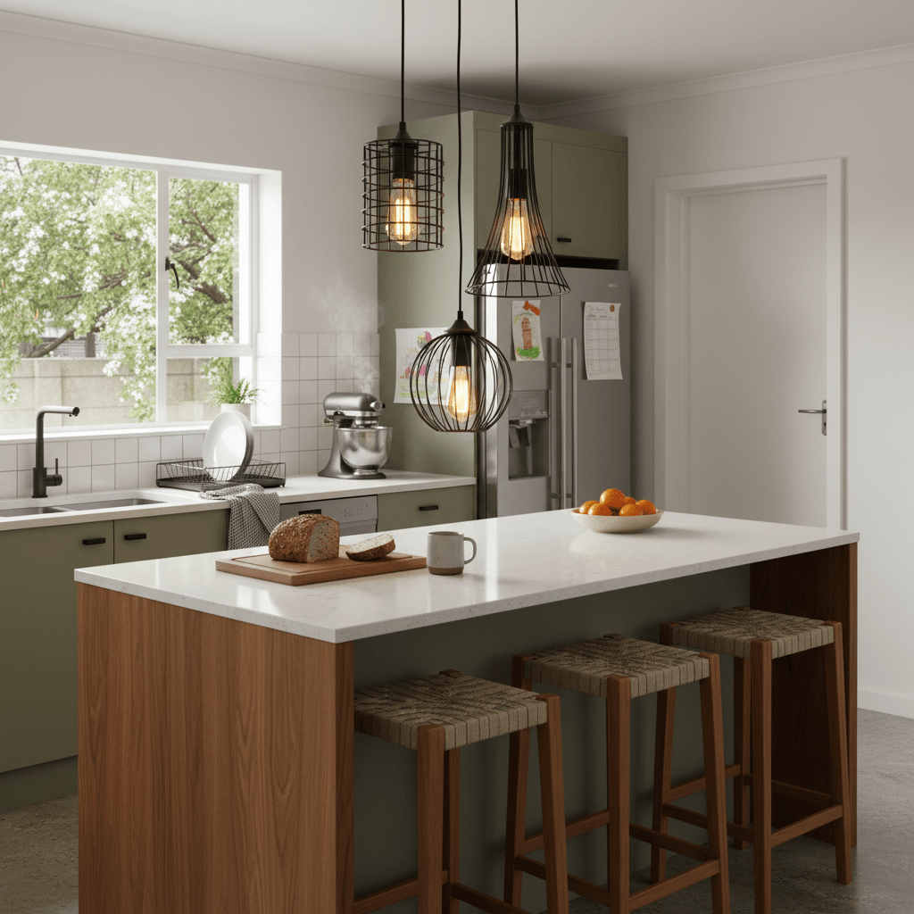 Three black grid pendant lights hang over a kitchen island with a wooden countertop, showcasing a modern interior.