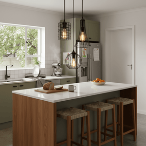 Three black grid pendant lights hang over a kitchen island with a wooden countertop, showcasing a modern interior.