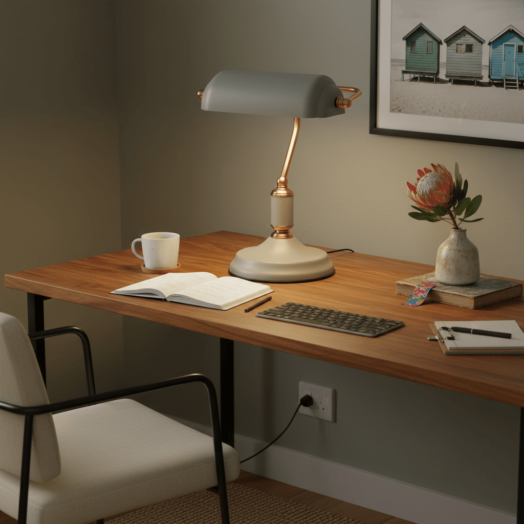 Bankers Table Lamp Grey & Copper