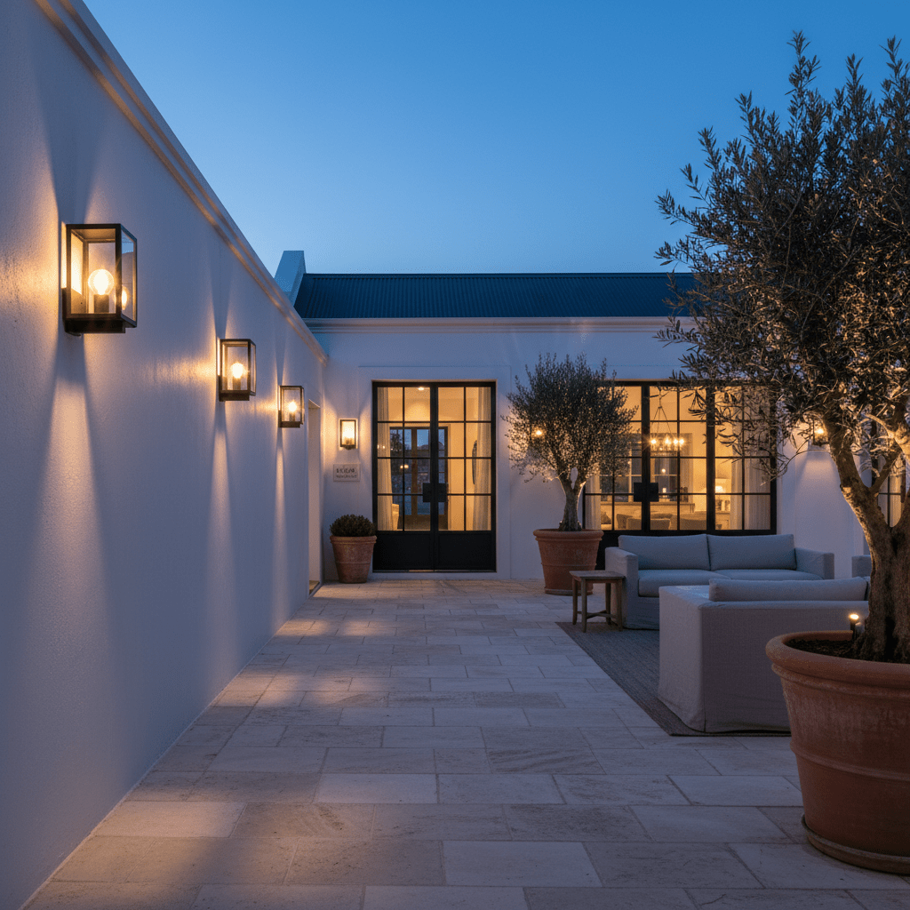 Black-framed outdoor wall light with glass enclosure mounted on white wall, casting warm light on stone pathway.