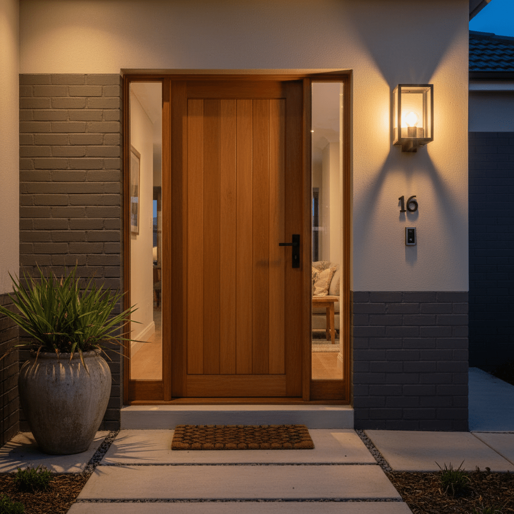 Rubik Outdoor Wall Light mounted beside a wooden front door with glass side panels, lighting the entrance.