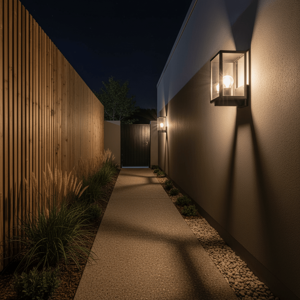 Nighttime pathway with wooden fence and wall-mounted lantern lights casting warm glow.