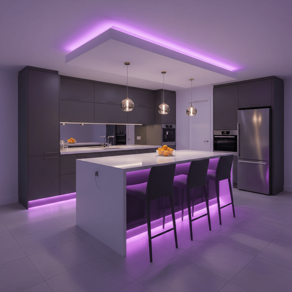 Modern kitchen featuring seamless RGB LED strip light under the island and ceiling, creating ambient lighting.