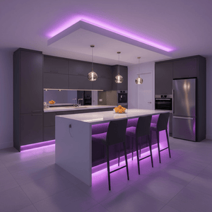 Modern kitchen featuring seamless RGB LED strip light under the island and ceiling, creating ambient lighting.