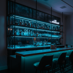 A stylish bar with illuminated shelves showcasing various bottles, enhanced by RGB LED strip lighting.