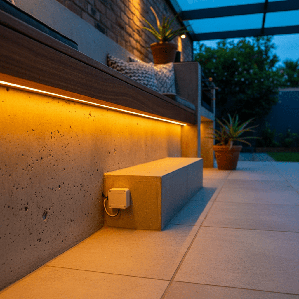 Detail view of a seamless 24V COB LED strip light installed under a wooden shelf, illuminating a concrete bench.