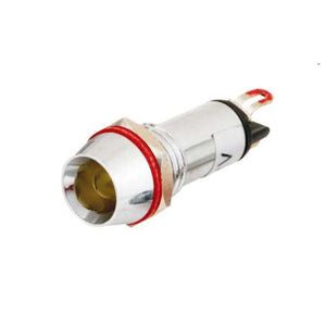 Red LED pilot lamp with a metal casing and two wires, designed for industrial control panels.