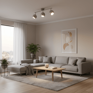 Modern living room featuring a 3-light GU10 ceiling spotlight above a cozy sofa and coffee table.