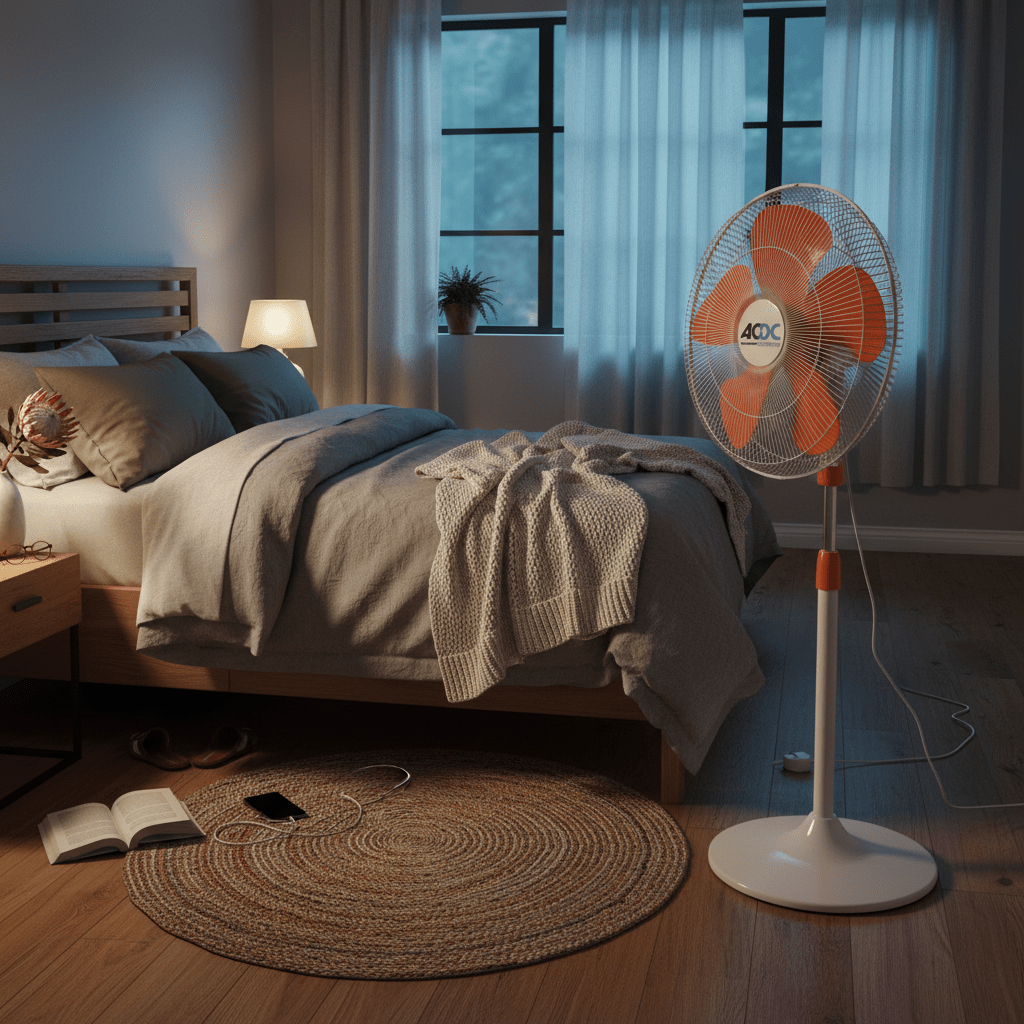 ACDC pedestal fan with orange blades stands in a softly lit bedroom beside a bed and round rug.