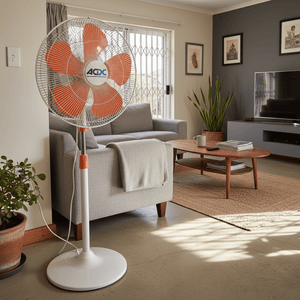 White ACDC pedestal fan with orange blades standing beside a sofa in a bright living room