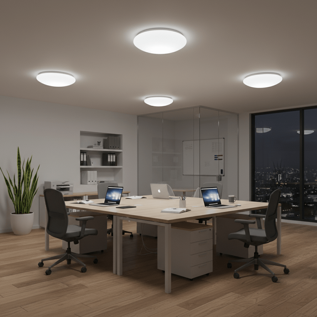 Modern office space featuring flush ceiling lights, wooden flooring, and sleek furniture.