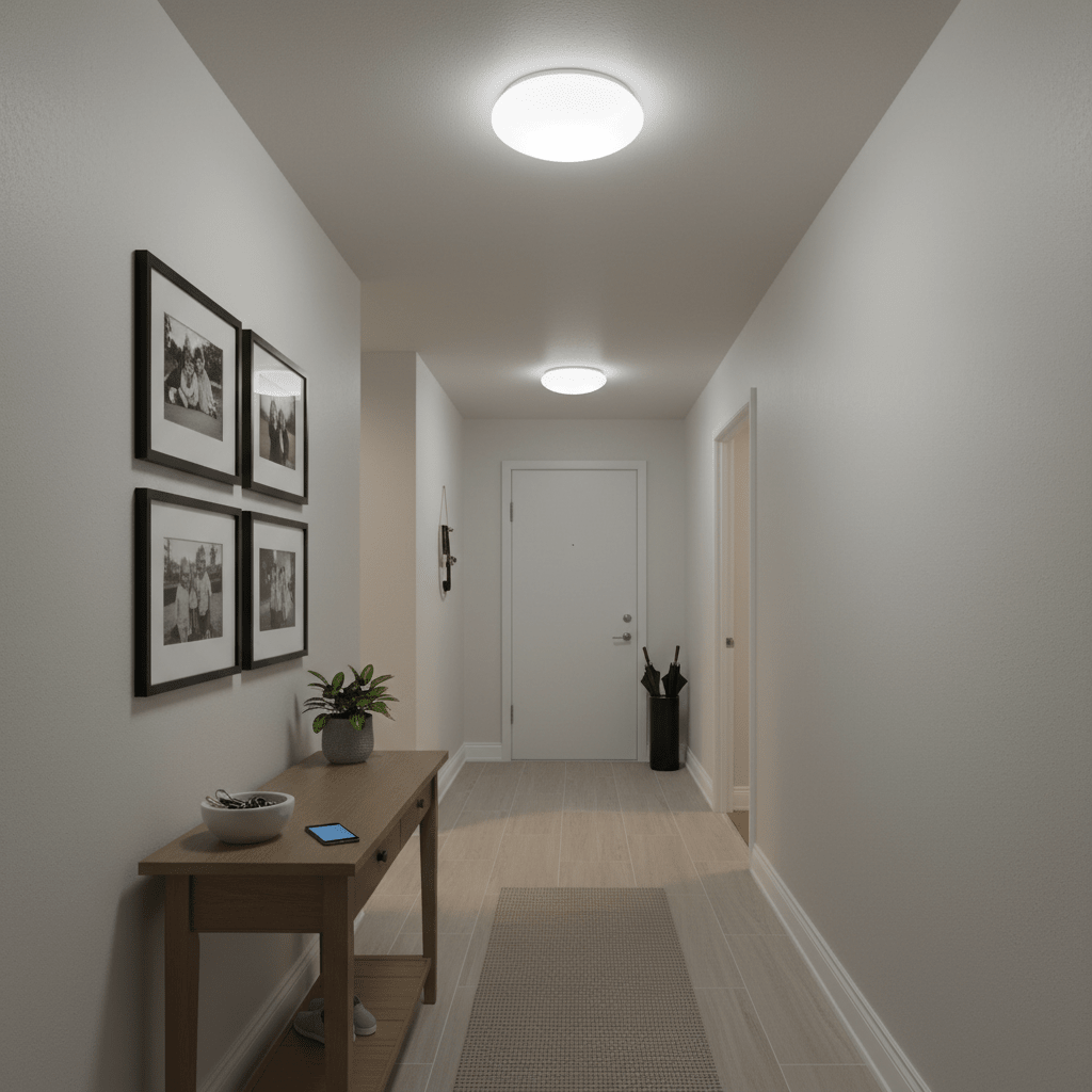 A well-lit hallway featuring a flush ceiling light, wooden console table with decor, and framed photos on the wall.