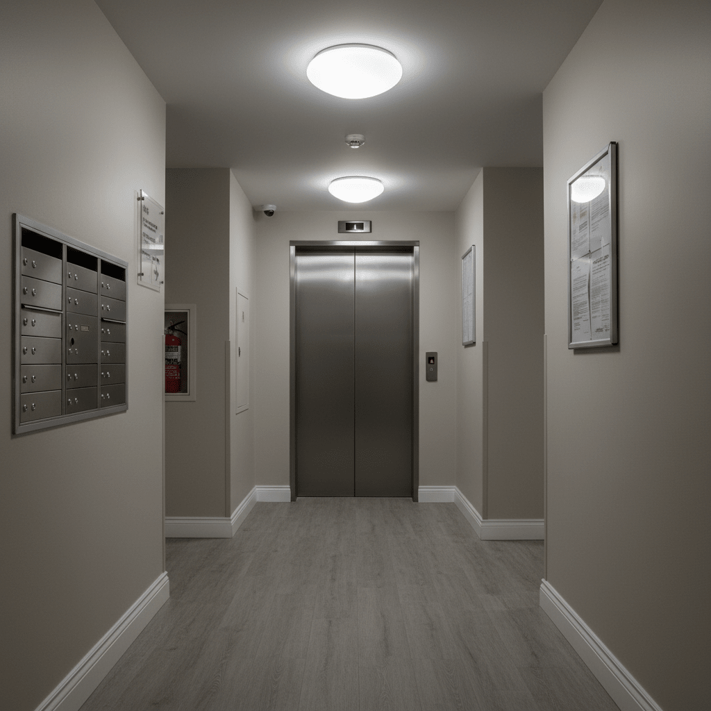 A well-lit indoor hallway featuring flush ceiling lights, an elevator, and mailboxes.