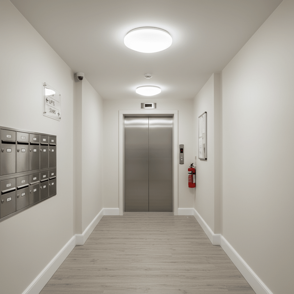 Bright flush ceiling lights illuminating a modern hallway with mailboxes and an elevator.