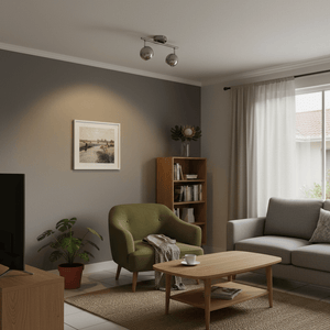 Modern 2-light ceiling spotlight illuminating a cozy living room with green armchair and wooden furniture.