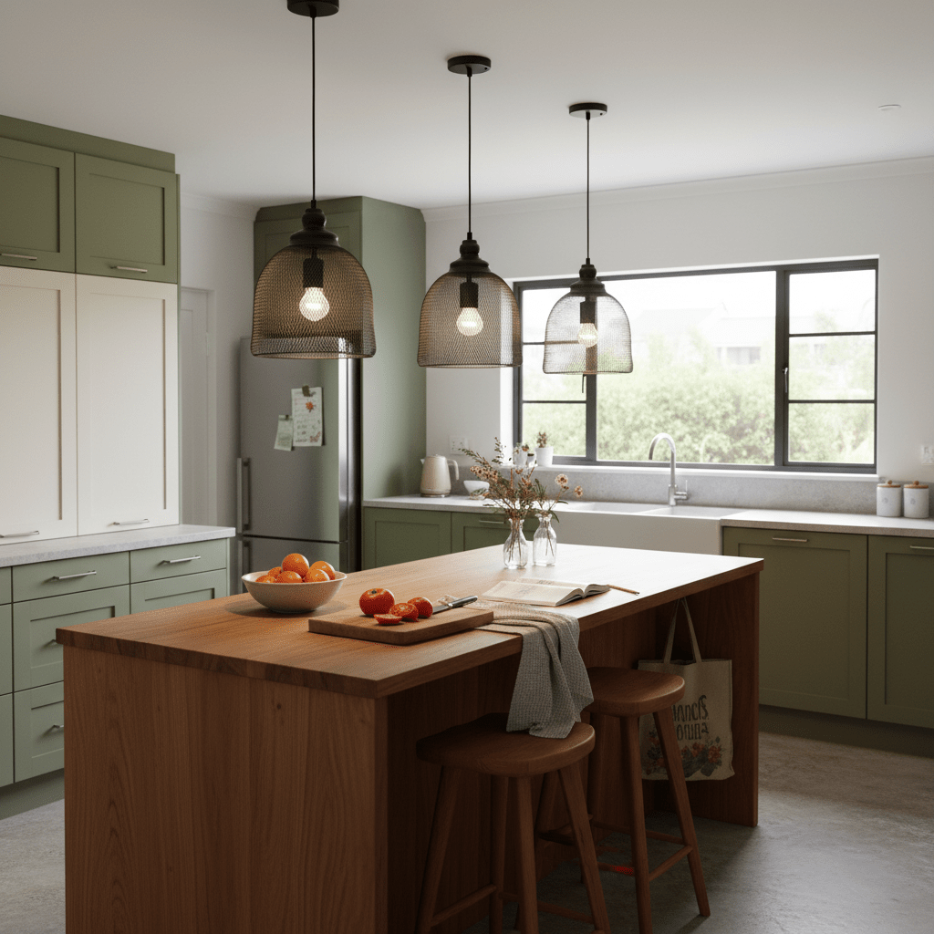 Three pendant lights hang above a wooden kitchen island, illuminating a bowl of oranges and a book.