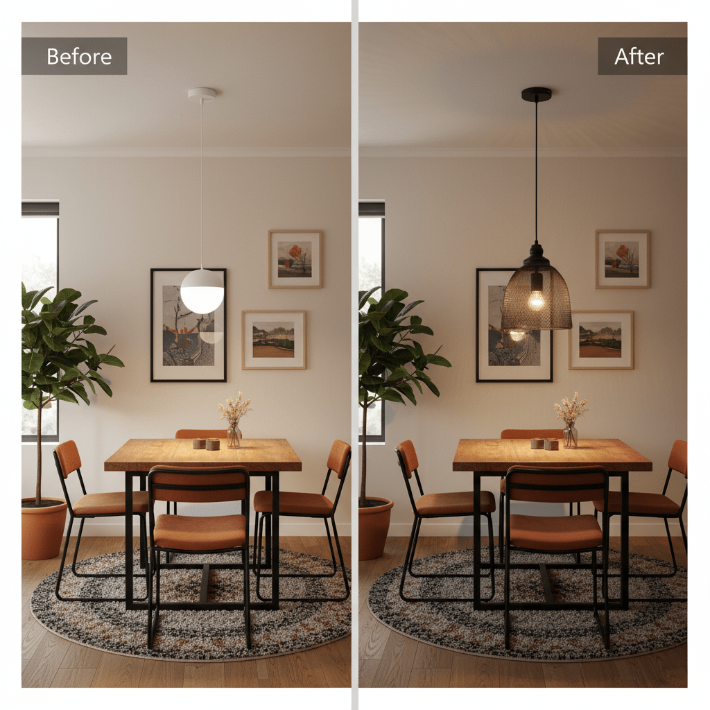 Lifestyle image showing a dining area before and after installing the Metal Pendant PEN526/1, highlighting its modern design.