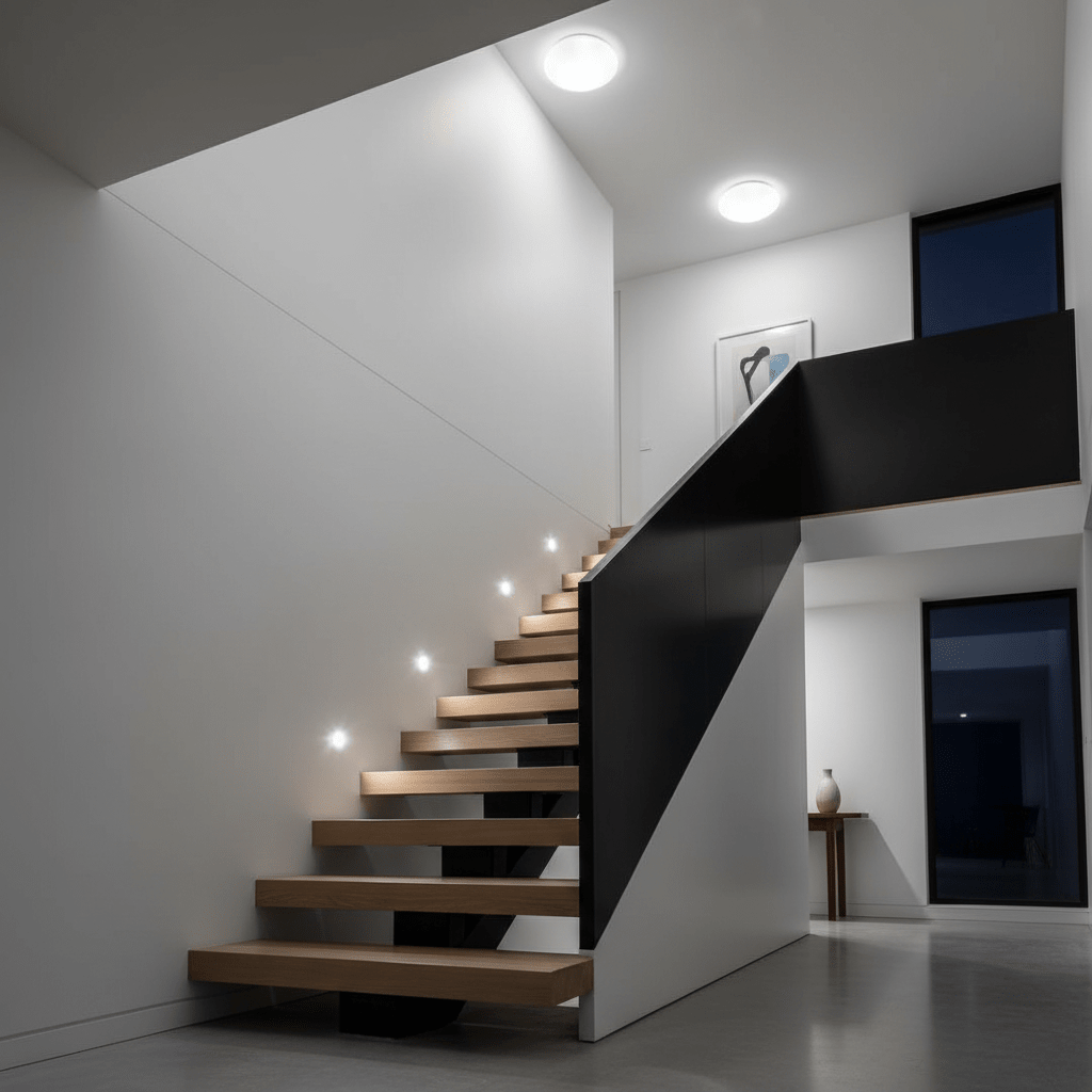 Stylish stairwell featuring flush ceiling lights and illuminated steps for safety.