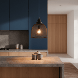 Stylish black metal pendant light hanging above a kitchen island with decorative jars.