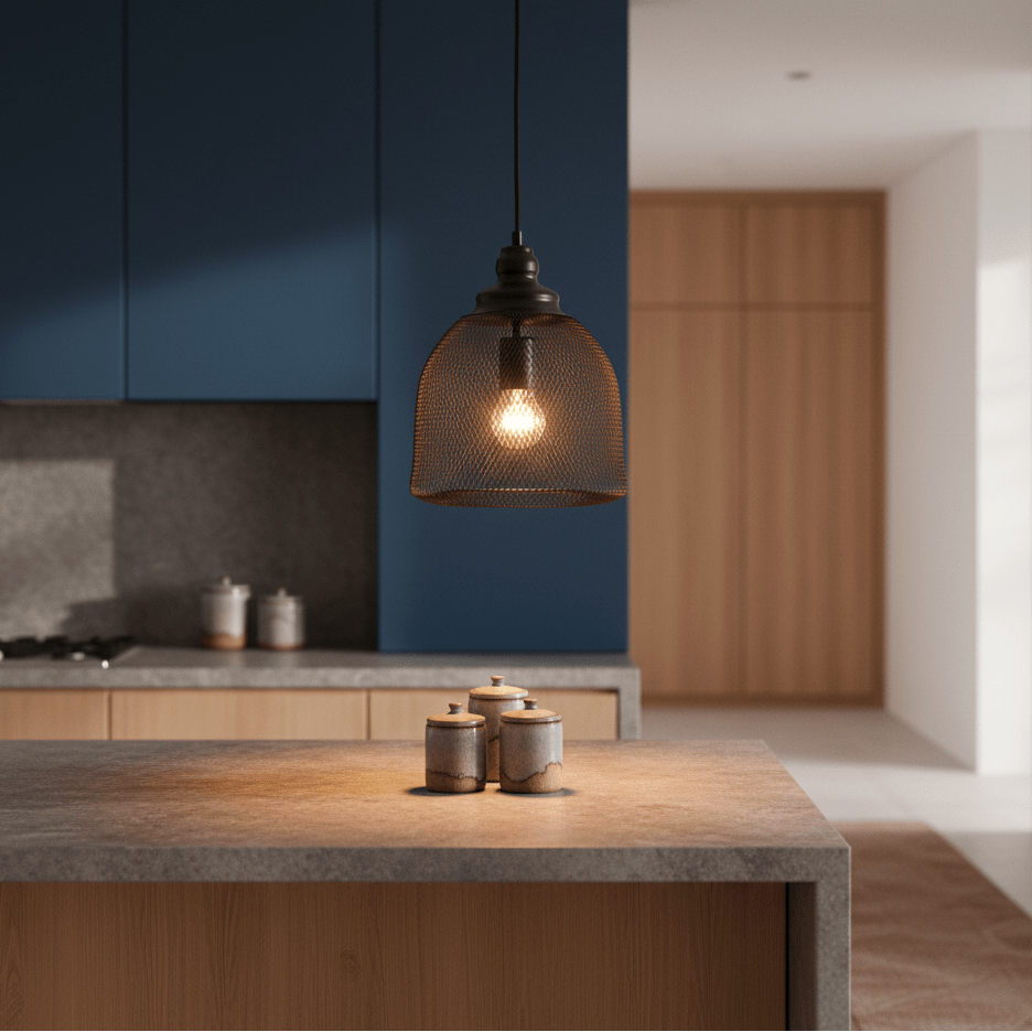 Stylish black metal pendant light hanging above a kitchen island with decorative jars.