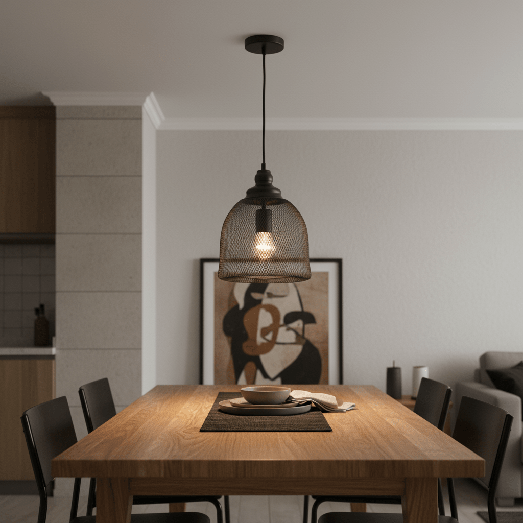 Stylish black metal pendant light hanging above a wooden dining table with plates and a placemat.